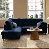 4 Seater Pull-Out Corner Sofa Bed with Storage in Navy Blue Velvet - Boe