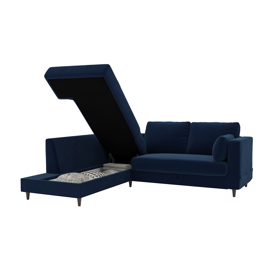 4 Seater Pull-Out Corner Sofa Bed with Storage in Navy Blue Velvet - Boe