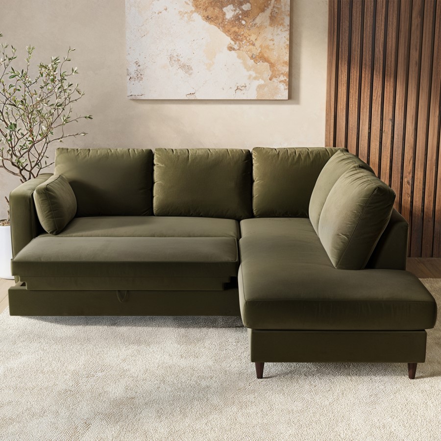 4 Seater Pull-Out Corner Sofa Bed with Storage in Khaki Green Velvet - Boe