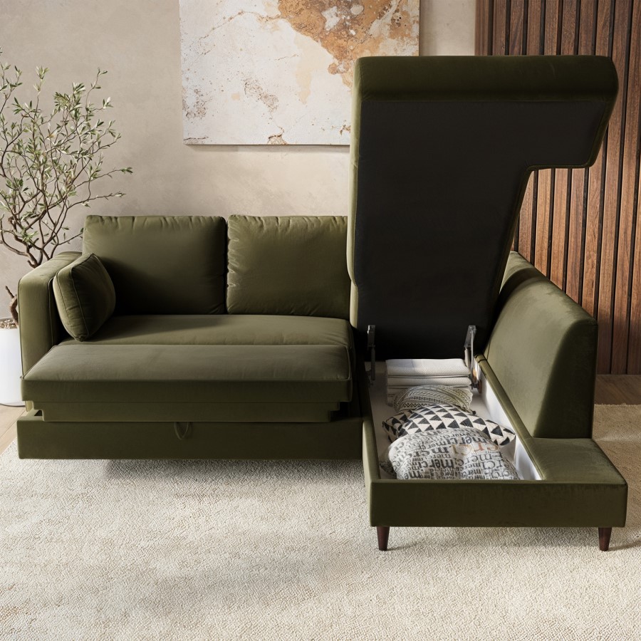 4 Seater Pull-Out Corner Sofa Bed with Storage in Khaki Green Velvet - Boe