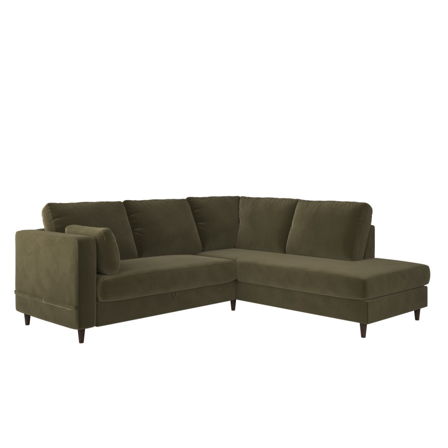 4 Seater Pull-Out Corner Sofa Bed with Storage in Khaki Green Velvet - Boe