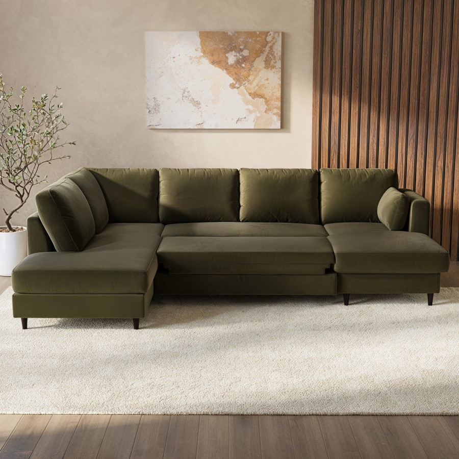 6 Seater Pull-Out U-Shape Sofa Bed with Storage in Olive Green Velvet - Boe