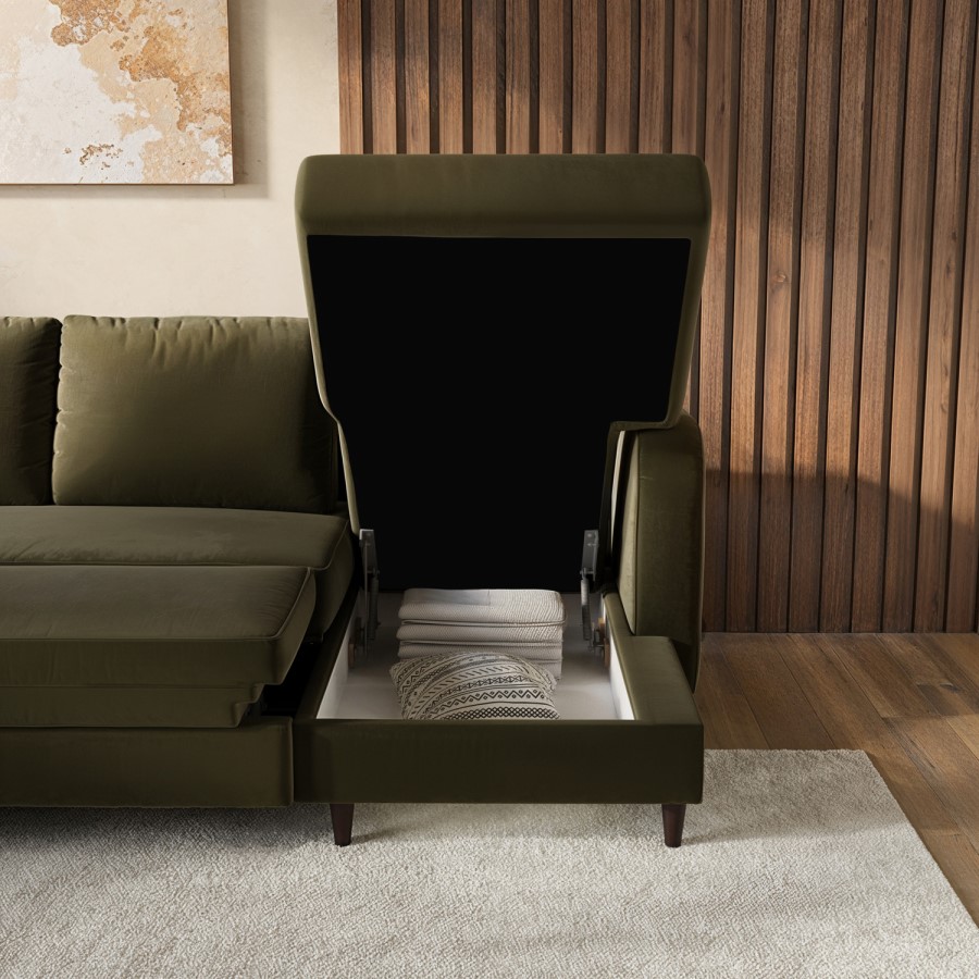 6 Seater Pull-Out U-Shape Sofa Bed with Storage in Olive Green Velvet - Boe