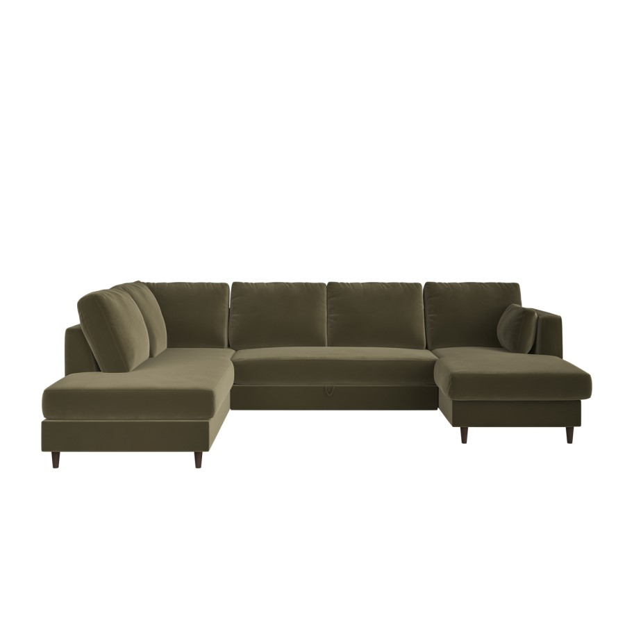 6 Seater Pull-Out U-Shape Sofa Bed with Storage in Olive Green Velvet - Boe