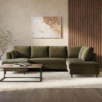 6 Seater Pull-Out U-Shape Sofa Bed with Storage in Olive Green Velvet - Boe