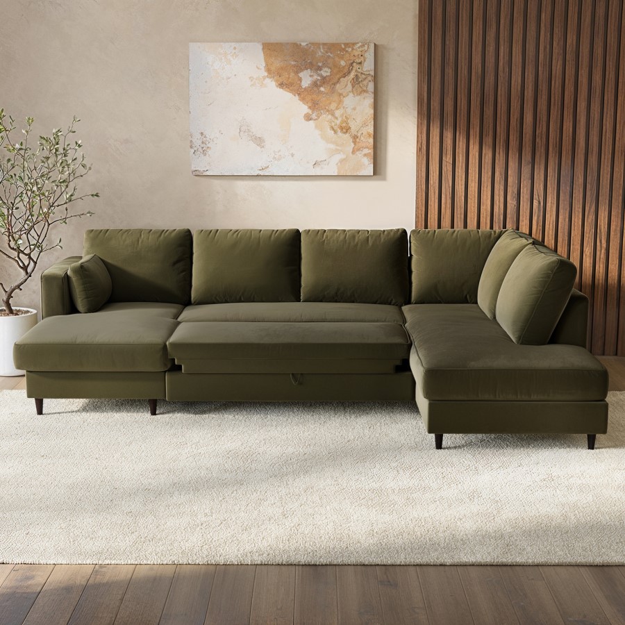 6 Seater Pull-Out U-Shape Sofa Bed with Storage in Olive Green Velvet - Boe
