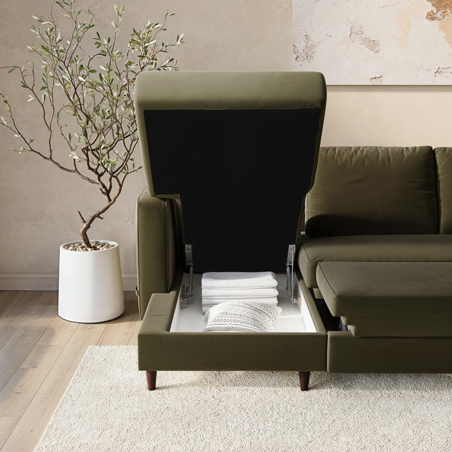 6 Seater Pull-Out U-Shape Sofa Bed with Storage in Olive Green Velvet - Boe