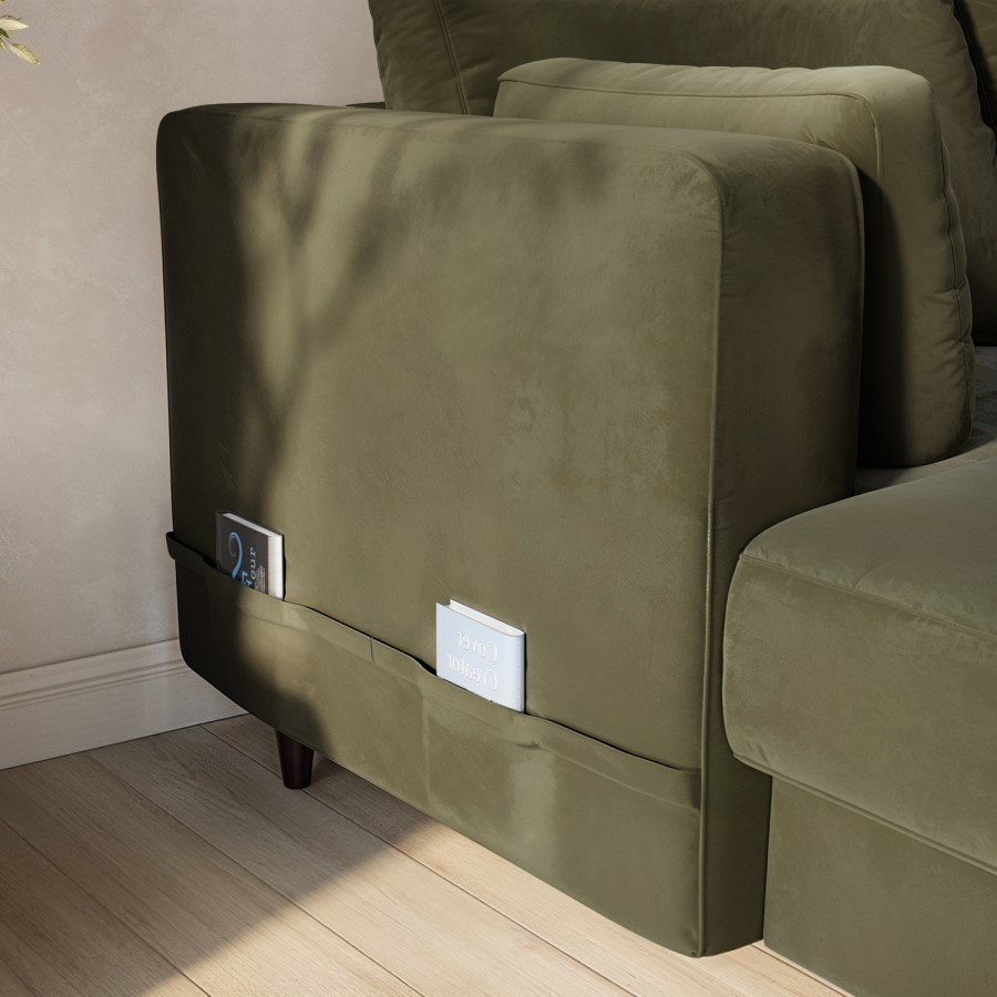 6 Seater Pull-Out U-Shape Sofa Bed with Storage in Olive Green Velvet - Boe