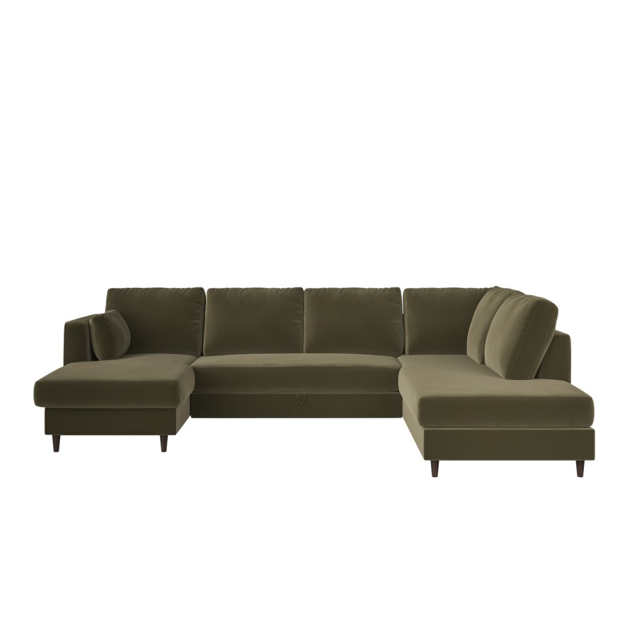 6 Seater Pull-Out U-Shape Sofa Bed with Storage in Olive Green Velvet - Boe