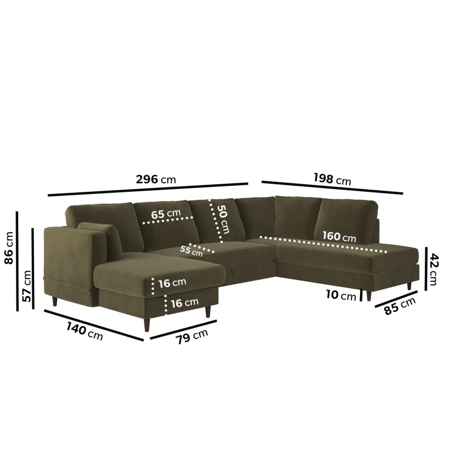 6 Seater Pull-Out U-Shape Sofa Bed with Storage in Olive Green Velvet - Boe