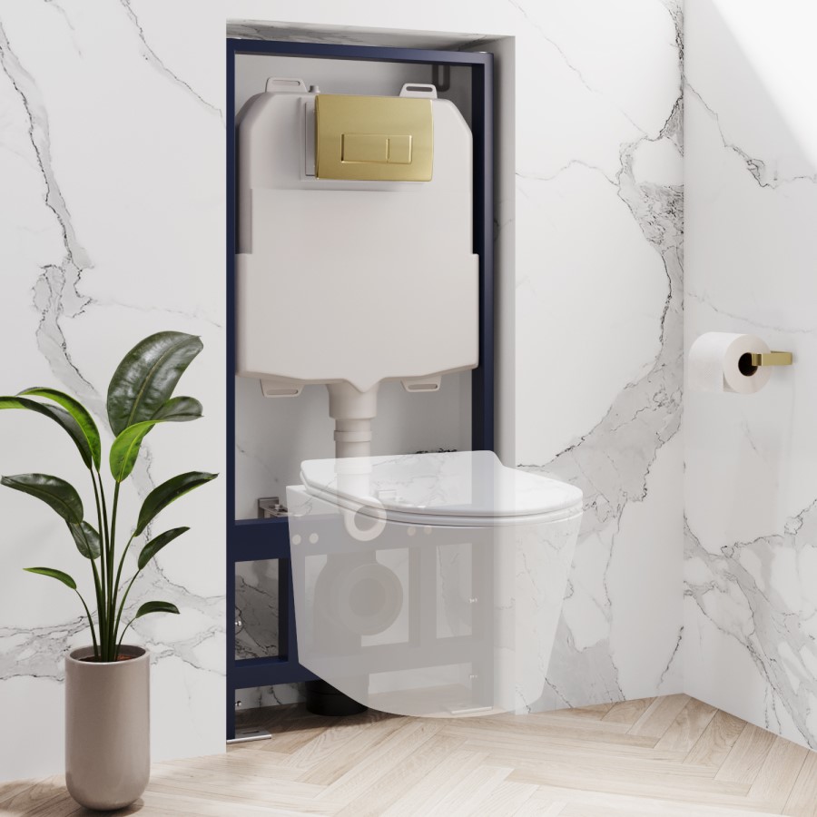 ONLY OPENED - Concealed Cistern 1170mm Pneumatic Frame with Brushed Brass Flush Plate - Elira