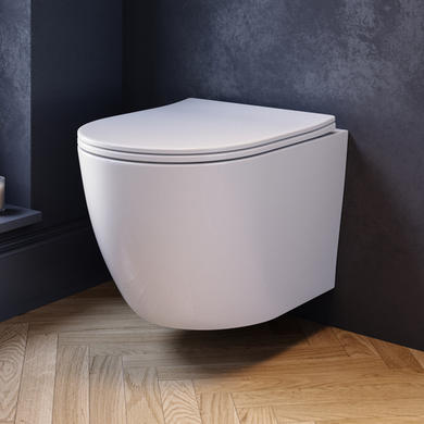 Wall Hung Rimless Toilet with Soft Close Seat, Chrome Pneumatic Flush Plate, 820mm Frame & Cistern – Roma