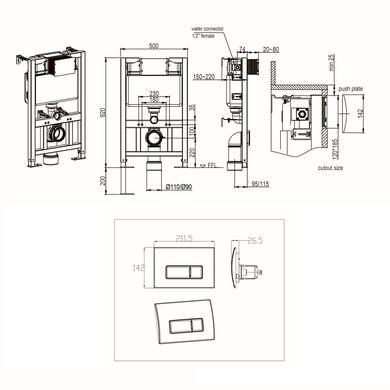 Wall Hung Rimless Toilet with Soft Close Seat, Chrome Pneumatic Flush Plate, 820mm Frame & Cistern – Roma