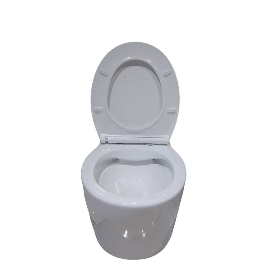 Wall Hung Rimless Toilet with Soft Close Seat, Brushed Brass Pneumatic Flush Plate, 820mm Frame & Cistern – Alcor