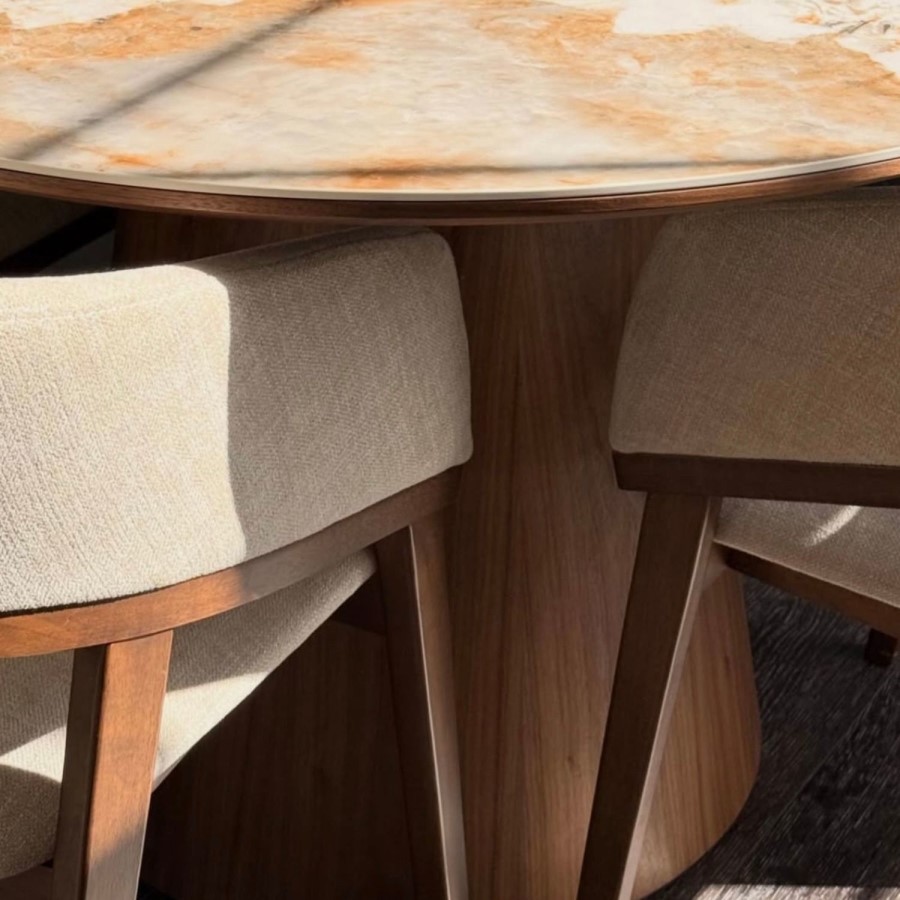 Set of 2 Walnut and Beige Upholstered Curved Dining Chairs - Owen