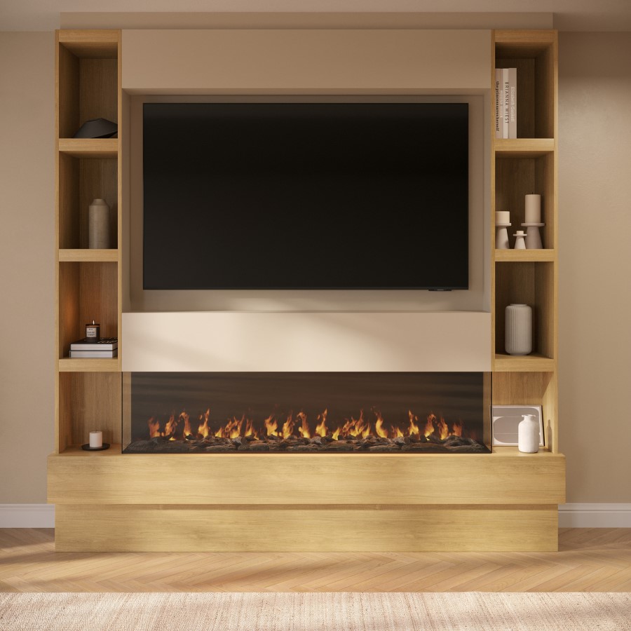Self Build Oak Media Wall with Black 3-Sided Inset Electric Fire with Shelving - 50 Inch - AmberGlo