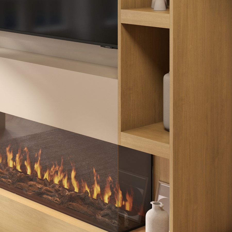 Self Build Oak Media Wall with Black 3-Sided Inset Electric Fire with Shelving - 50 Inch - AmberGlo