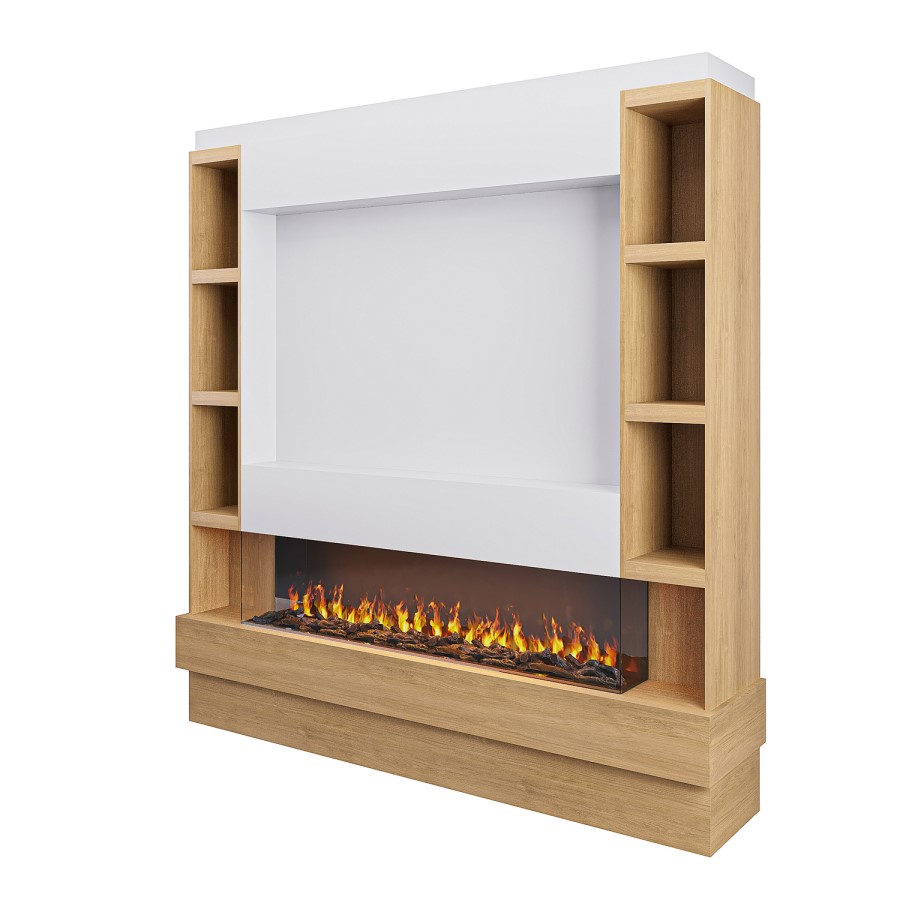 Self Build Oak Media Wall with Black 3-Sided Inset Electric Fire with Shelving - 50 Inch - AmberGlo