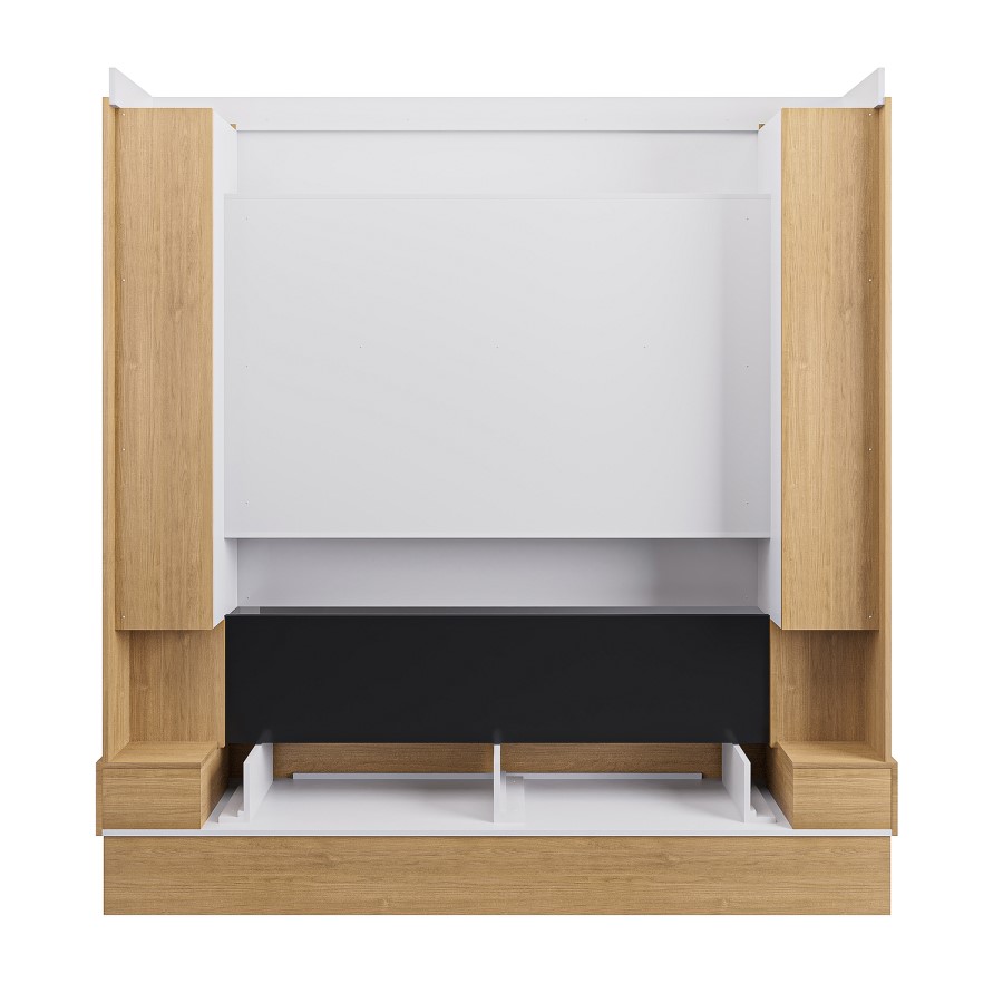 Self Build Oak Media Wall with Black 3-Sided Inset Electric Fire with Shelving - 50 Inch - AmberGlo