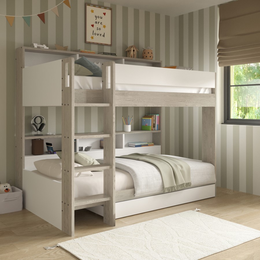 White & Oak Bunk Bed with Storage Shelves and Drawer - Aire