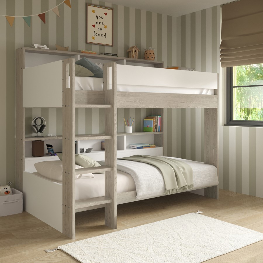 White & Oak Bunk Bed with Storage Shelves and Drawer - Aire