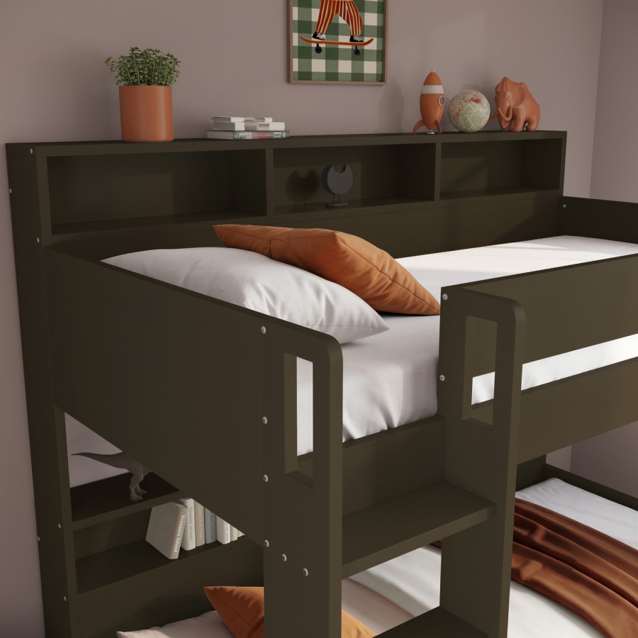 Green Bunk Bed with Storage Shelves and Drawer - Aire