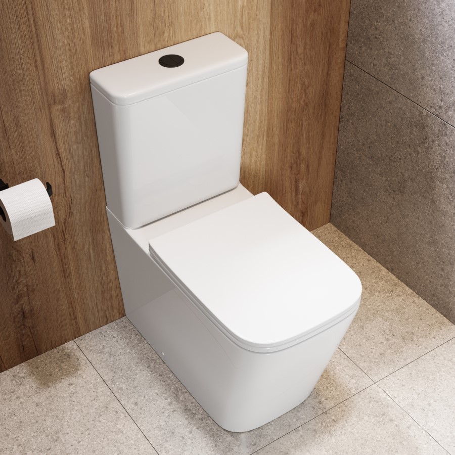 Close Coupled Rimless Closed Back Toilet with Soft Close Seat & Chrome Push Button - Albi