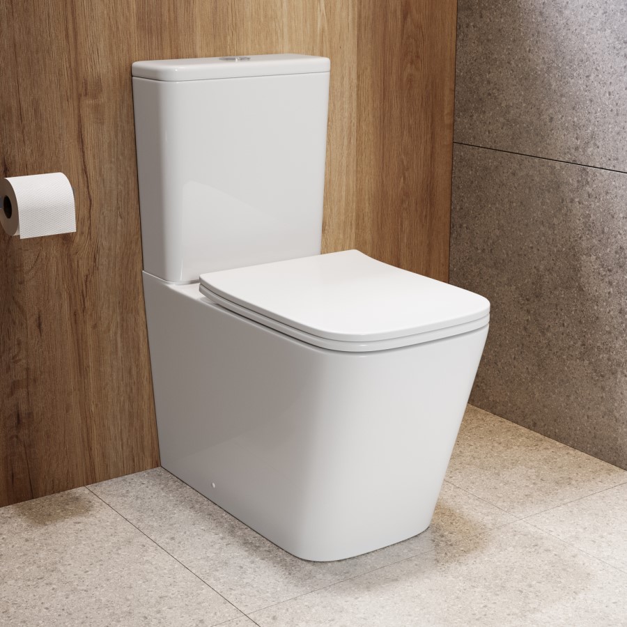 Close Coupled Rimless Closed Back Toilet with Soft Close Seat & Chrome Push Button - Albi