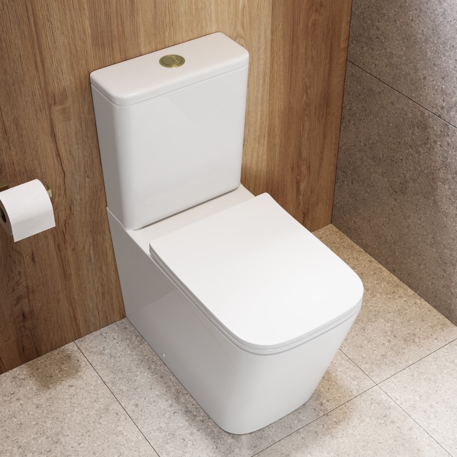 Close Coupled Rimless Closed Back Toilet with Soft Close Seat & Chrome Push Button - Albi