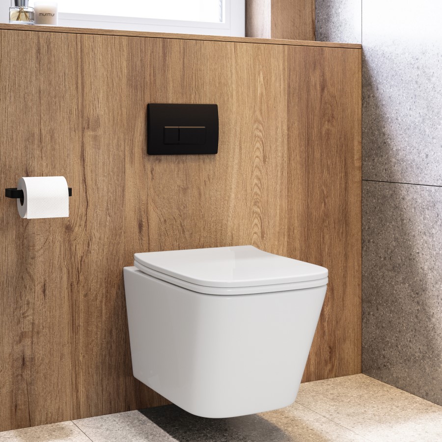Wall Hung Toilet with Soft Close Seat, Pneumatic Black Flush Plate, 820mm Frame & Cistern - Albi