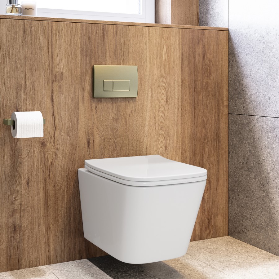 Wall Hung Toilet with Soft Close Seat, Pneumatic Brushed Brass Flush Plate, 820mm Frame & Cistern - Albi