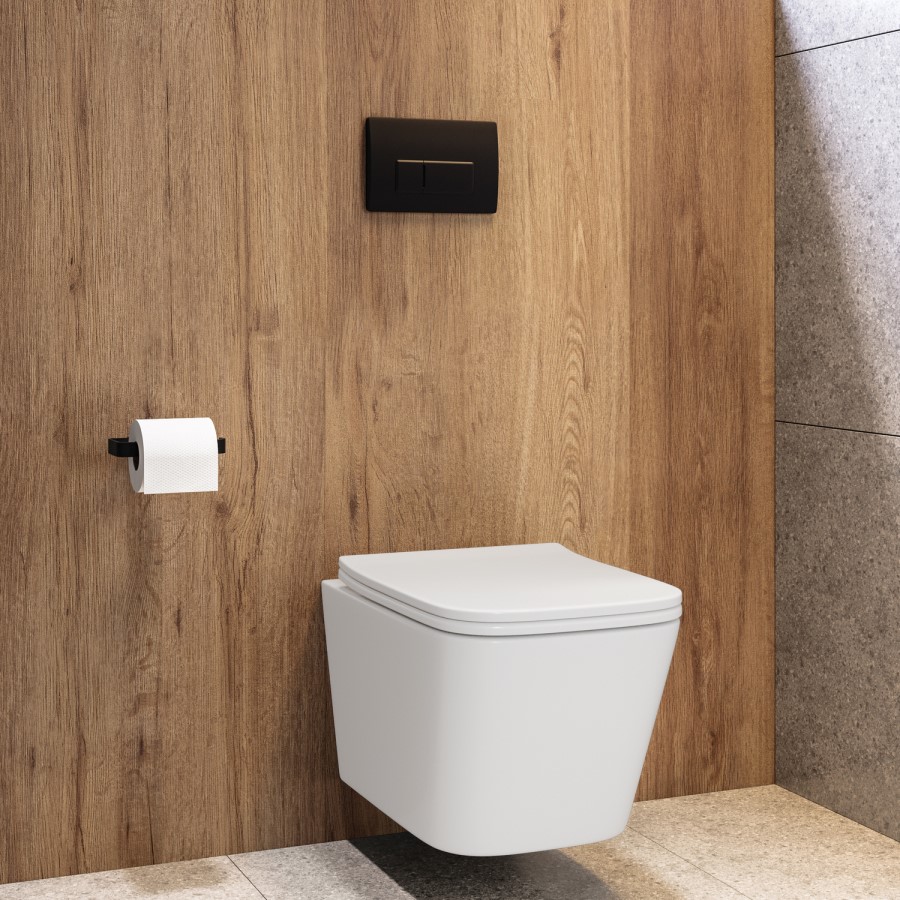 Wall Hung Toilet with Soft Close Seat, Pneumatic Black Flush Plate, 1168mm Frame & Cistern - Albi