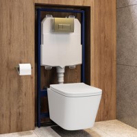 Wall Hung Toilet with Soft Close Seat, Pneumatic Brushed Brass Flush Plate, 1168mm Frame & Cistern - Albi