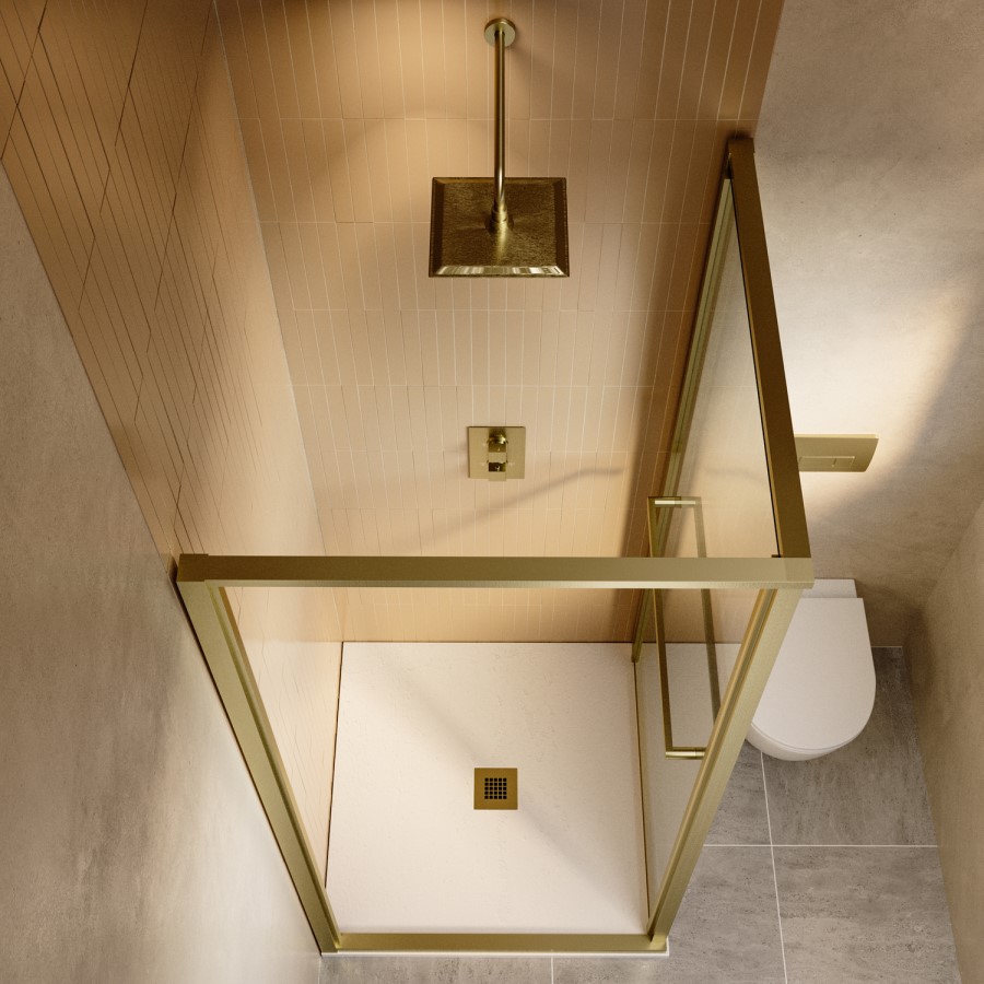 900x900mm Brushed Brass Square Sliding In-fold Shower Enclosure 6mm Glass and Low Profile Shower Tray - Apollo