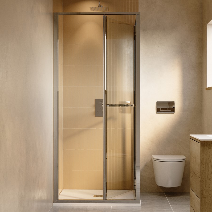 900x900mm Chrome In-Fold Sliding Shower Enclosure 6mm Glass and Shower Tray - Apollo