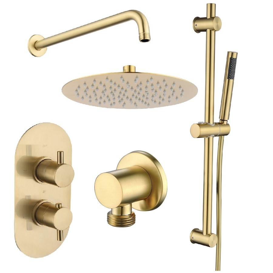 Brushed Brass 2 Outlet Wall Mounted Thermostatic Mixer Shower Set with Hand Shower and Slide Rail Kit - Arissa