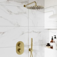 Brushed Brass 2 Outlet Wall Mounted Thermostatic Mixer Shower Set With Hand Shower - Arissa