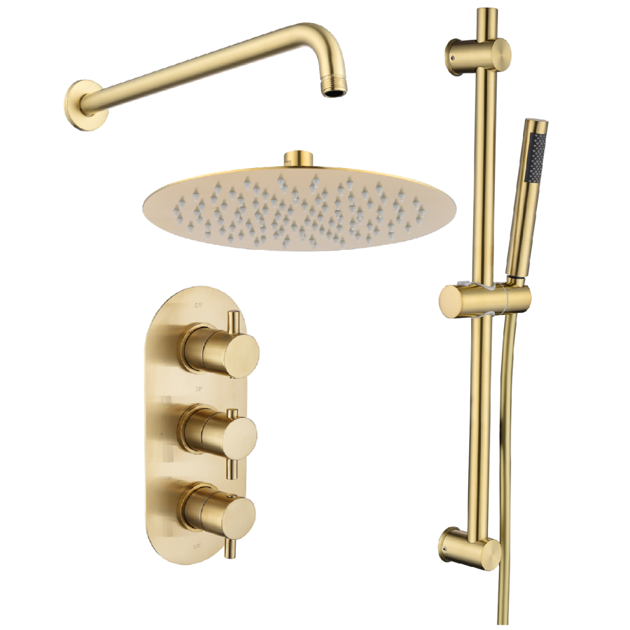 Brushed Brass 2 Outlet Wall Mounted Thermostatic Mixer Shower Set with Hand Shower and Diverter Controls - Arissa