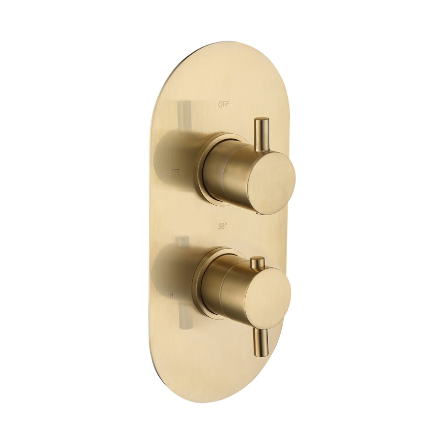 Brushed Brass 2 Outlet Thermostatic Bath Mixer Shower Set With Hand Shower and Bath Filler Spout - Arissa