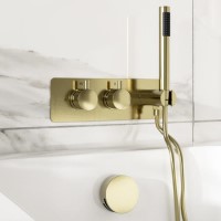 Brushed Brass 2 Outlet Thermostatic Mixer Shower Set with Overflow Bath Filler and Integrated Hand Shower - Arissa