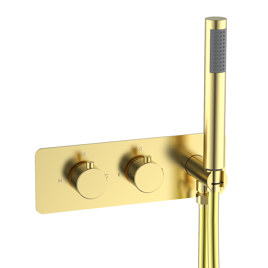 Brushed Brass 2 Outlet Thermostatic Mixer Shower Set with Overflow Bath Filler and Integrated Hand Shower - Arissa