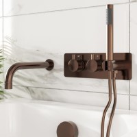 Brushed Bronze 2 Outlet Thermostatic Mixer Shower Set with Bath Filler Spout and Integrated Hand Shower - Arissa