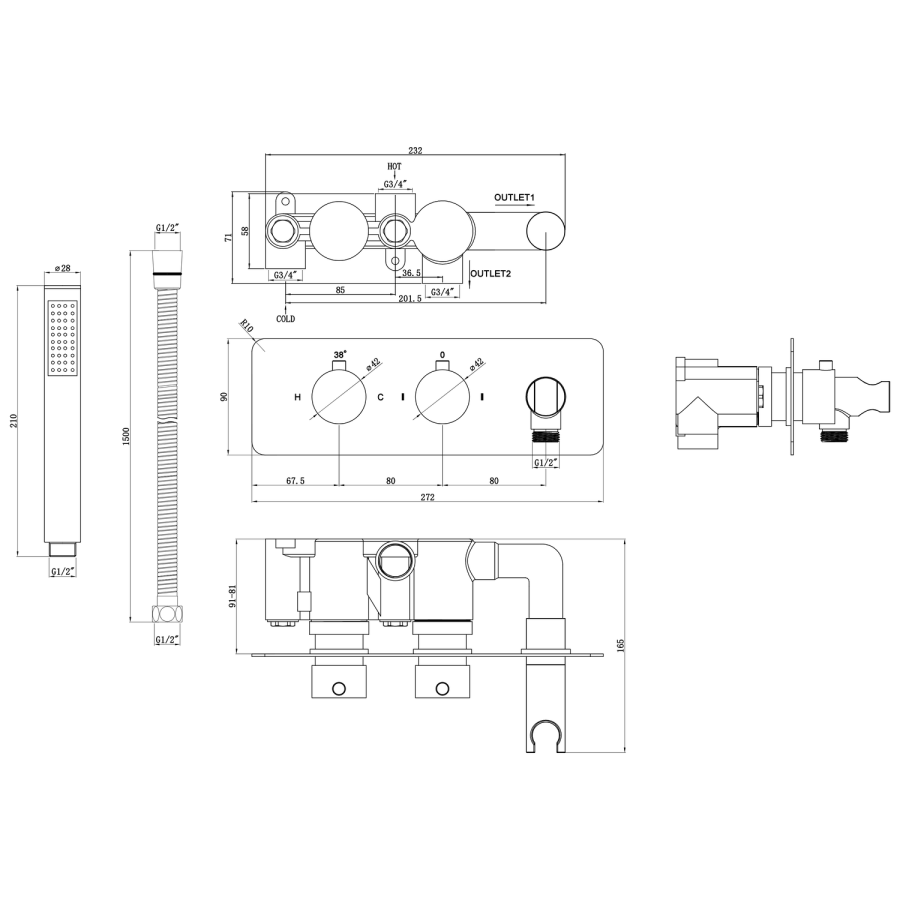 Brushed Bronze 2 Outlet Wall Mounted Thermostatic Mixer Shower Set with Integrated Hand Shower - Arissa