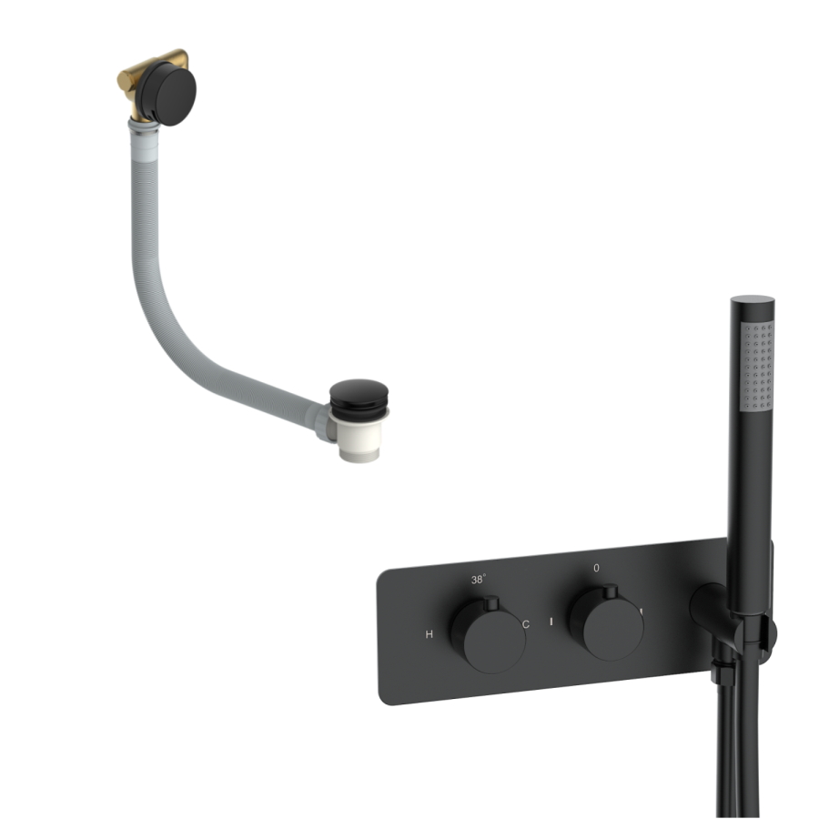 Black 2 Outlet Thermostatic Mixer Shower Set with Overflow Bath Filler and Integrated Hand Shower - Arissa