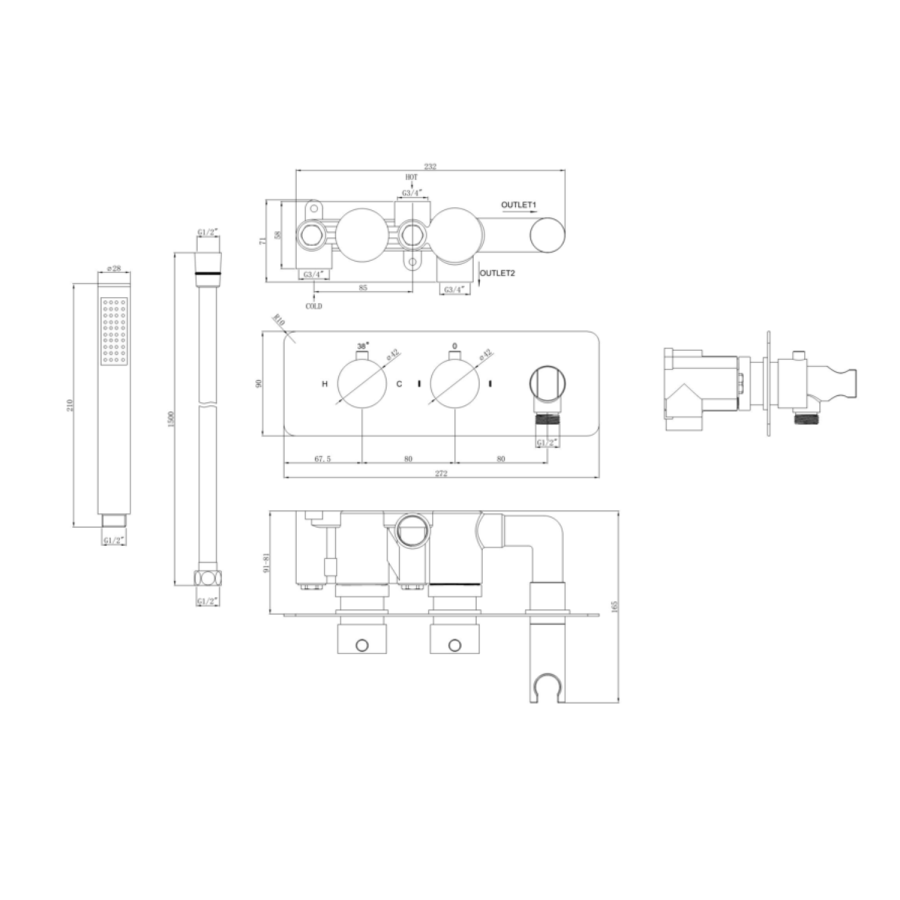 Black 2 Outlet Thermostatic Mixer Shower Set with Overflow Bath Filler and Integrated Hand Shower - Arissa