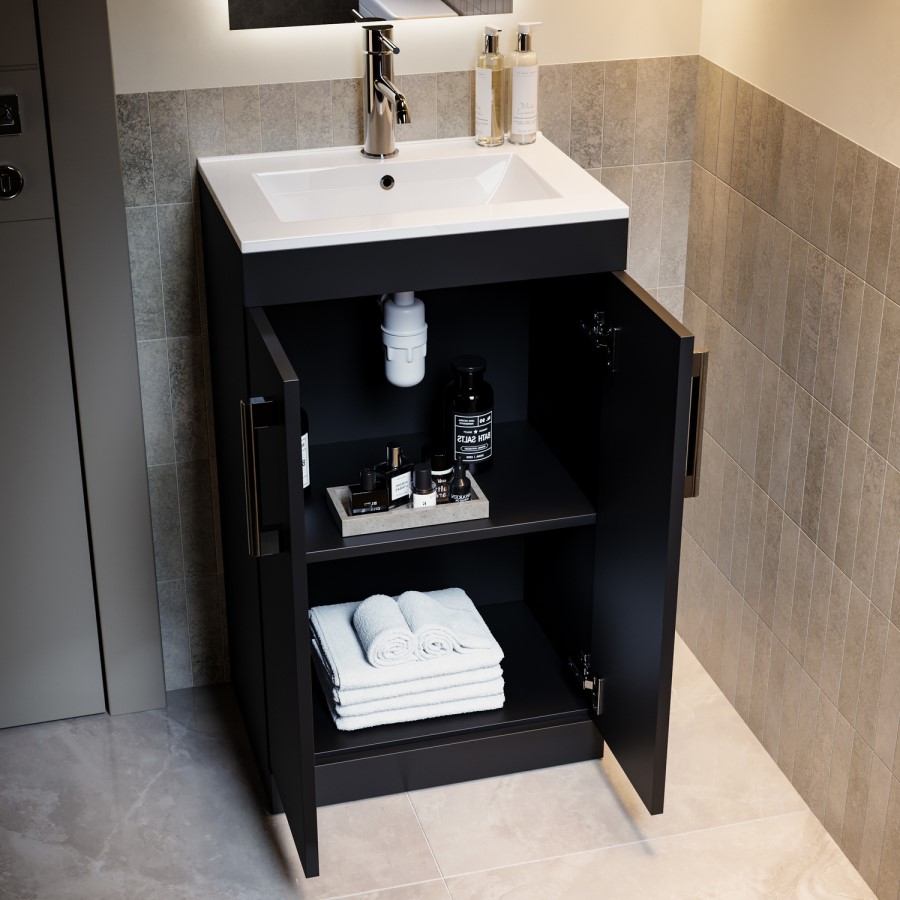 500mm Black Freestanding Cloakroom Vanity Unit with Basin and Chrome Handles - Ashford
