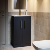 500mm Black Freestanding Cloakroom Vanity Unit with Basin and Brass Handles - Ashford