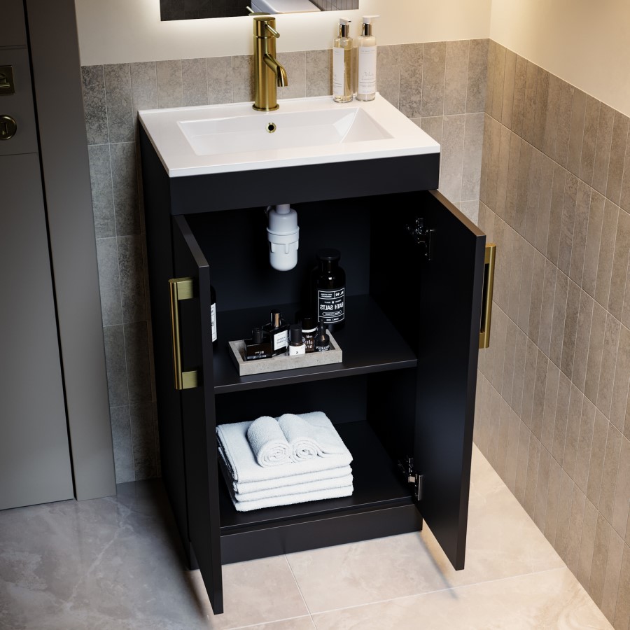 500mm Black Freestanding Cloakroom Vanity Unit with Basin and Brass Handles - Ashford