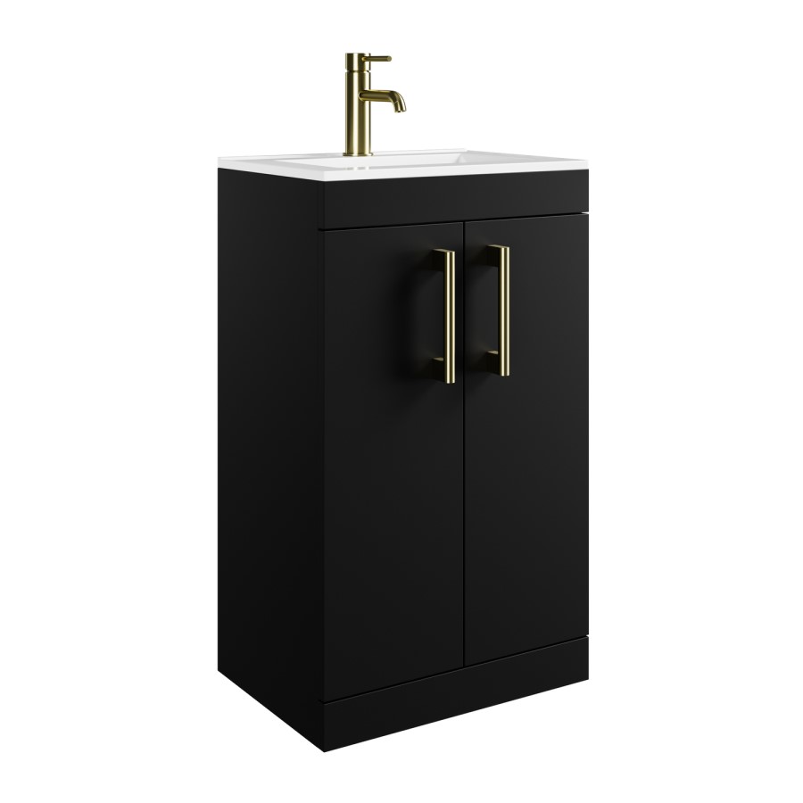 500mm Black Freestanding Cloakroom Vanity Unit with Basin and Brass Handles - Ashford