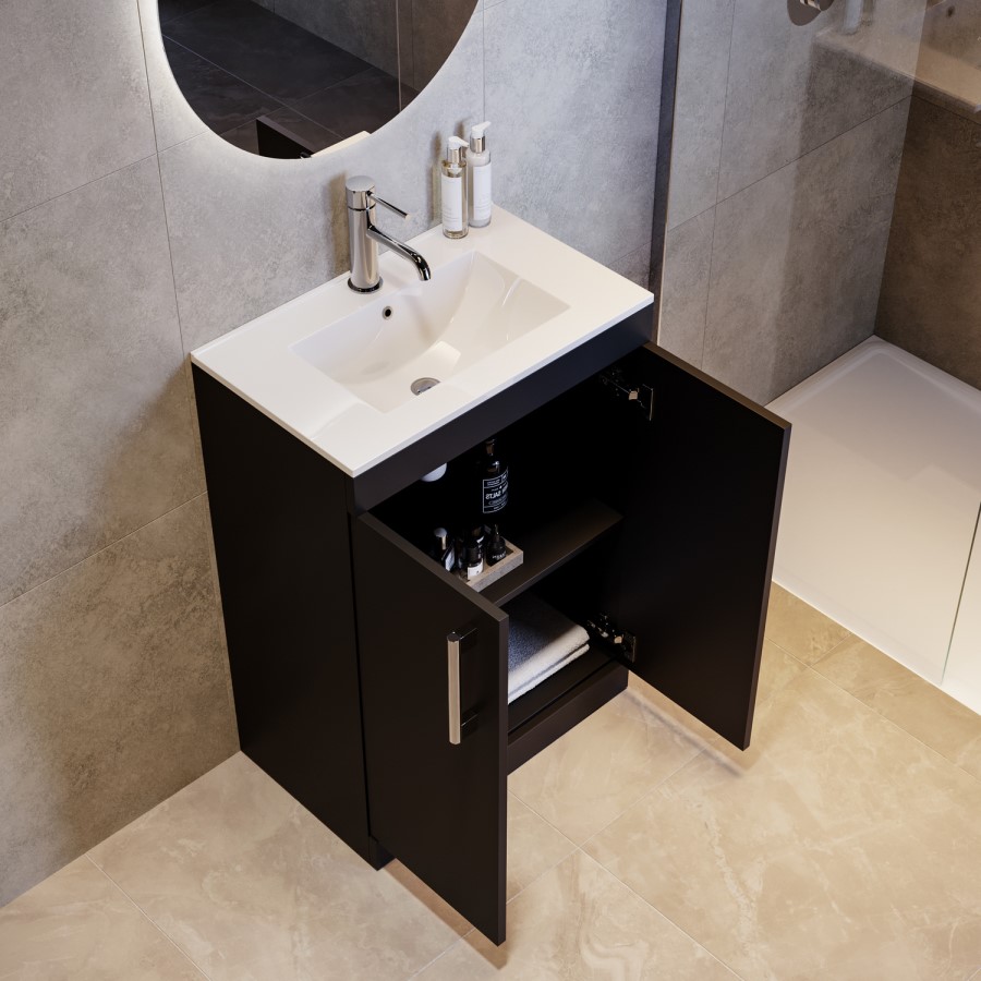 600mm Black Freestanding Vanity Unit with Basin and Brass Handles - Ashford